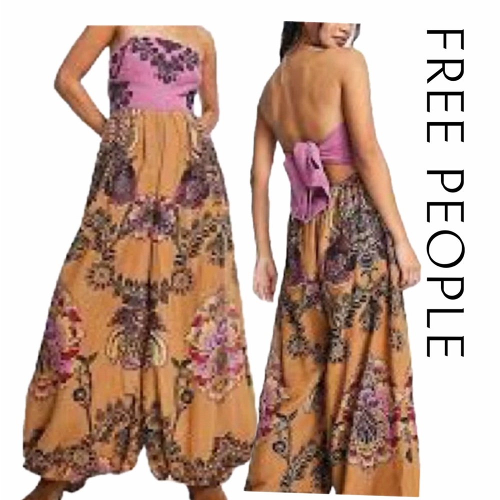 Free People jumpsuit sz Lg  Indigo Sun purple gold floral bandeau bow back Boho